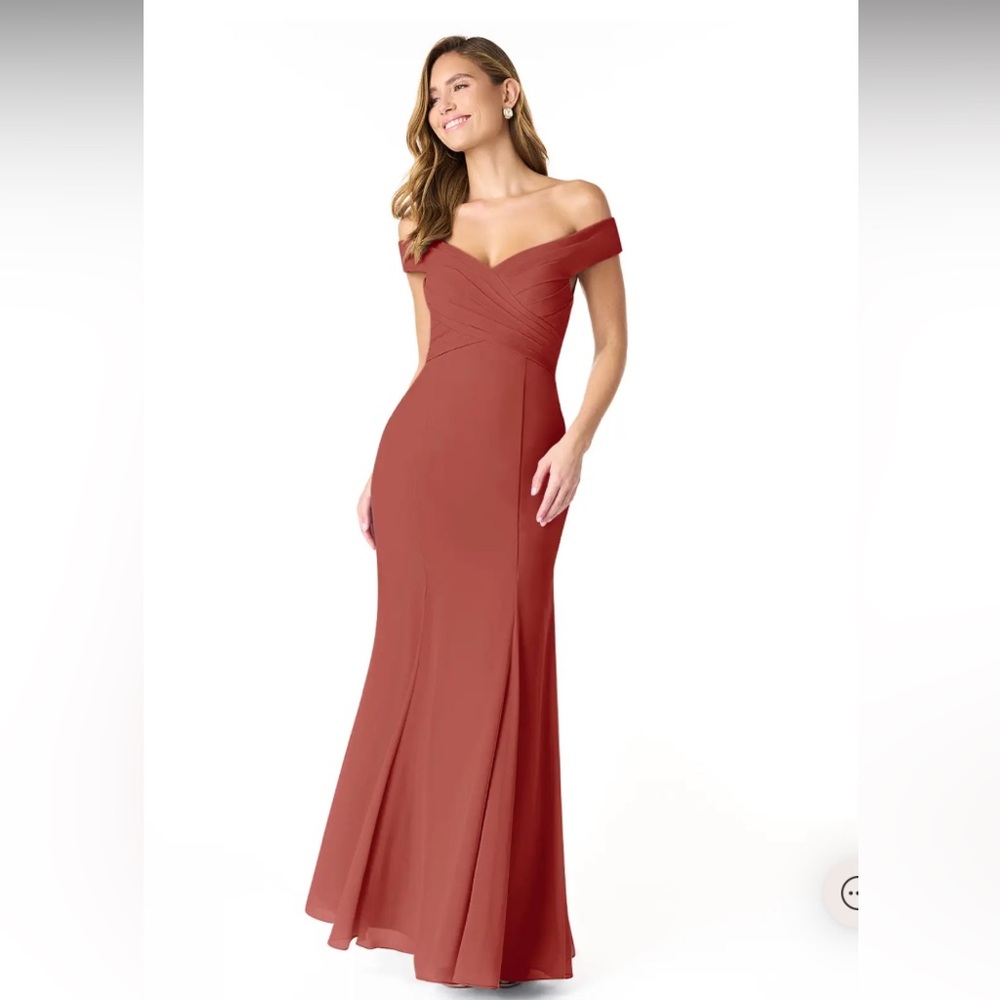 Azazie Off-Shoulder Terracotta Red Evening Gown Bridesmaid